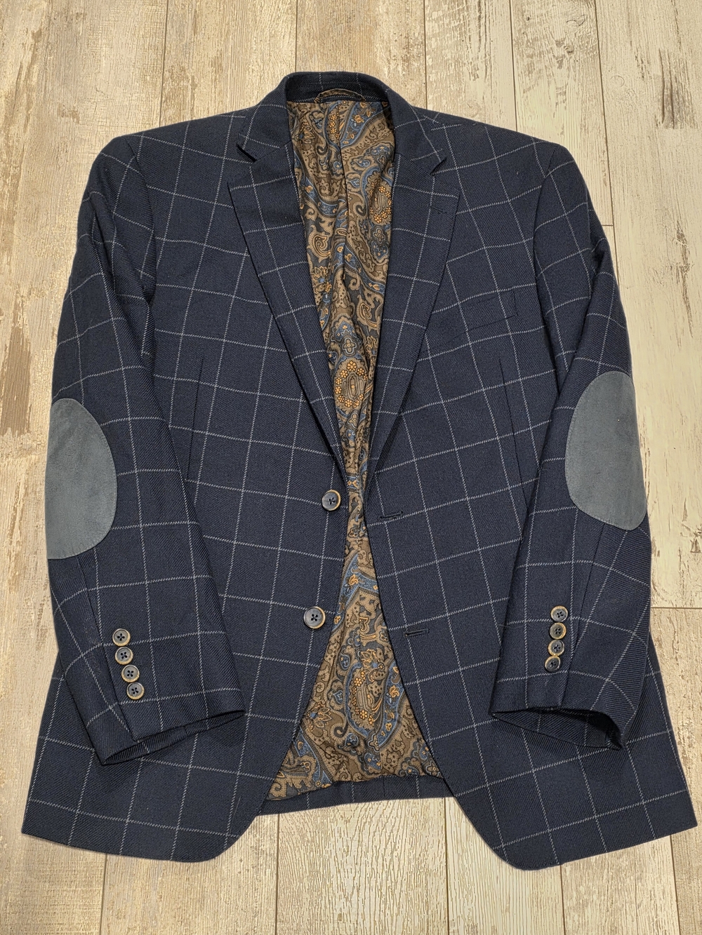 40R Men's Tallia Elbow Patch Wool Blazer Paisley Lined Windowpane Sport Coat